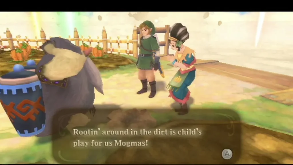A Mogma digs in the pumpkin field as Link and the woman in teal look on from the fence