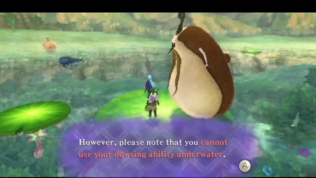 Standing on a lily pad by the shore, Link reads that dowsing cannot be used underwater.