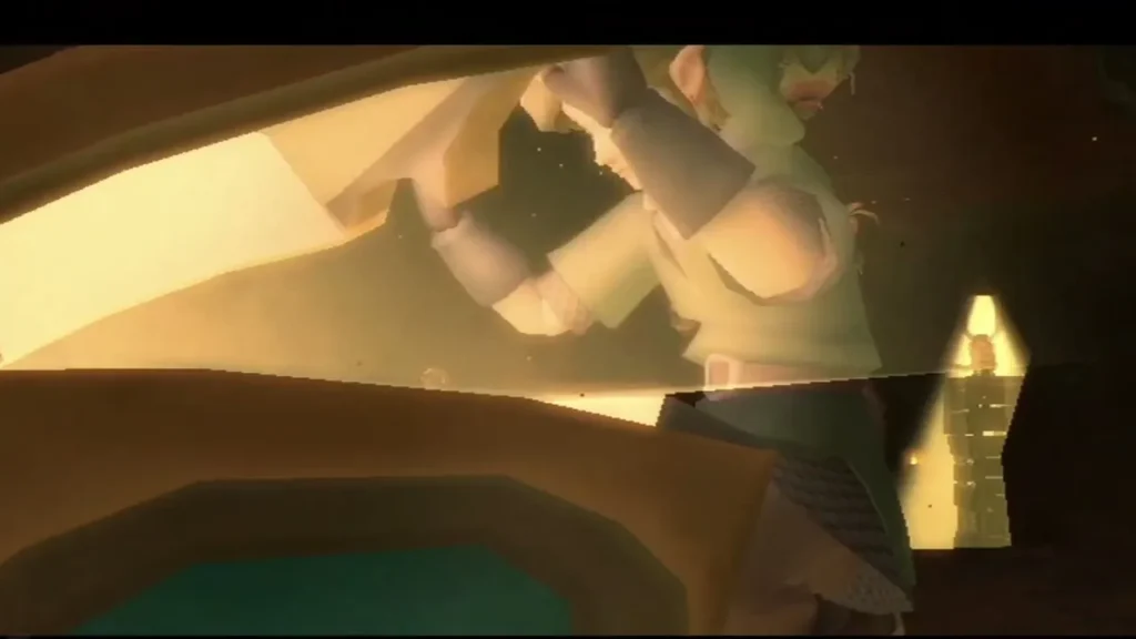 Link lifts the lid of a chest beside a glowing watchtower to take the Clawshots.