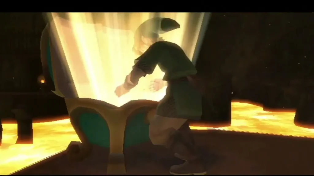 Link opens a chest on a ledge above the lava, and light pours out of it.