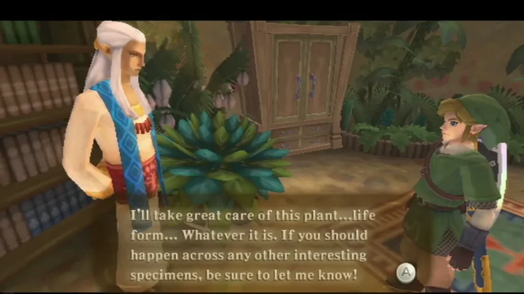 Owlan stands beside the plant creature Oolo as a box says he will take great care of the new life form.