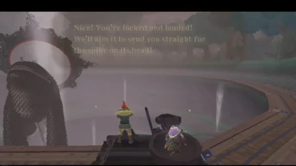 A red-capped man at a bomb launcher aims at the spiked monster, Link beside him on the platform