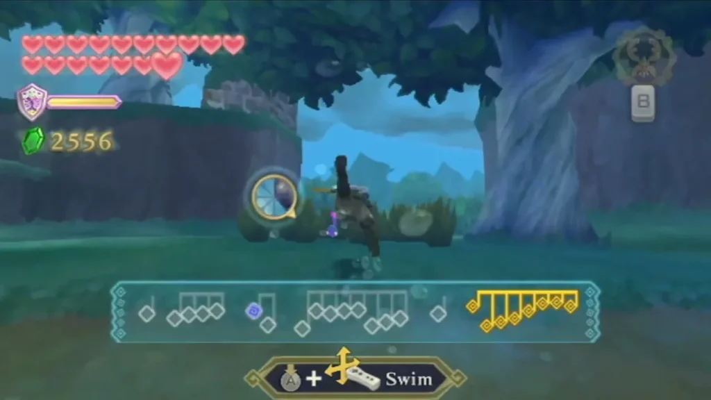 Link swims through the forest with the Tadtone score on screen, a purple Tadtone just collected.