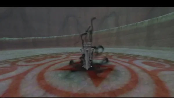 A metal sealing spike stands in a red-ringed arena floor, with dark tendrils rising around it