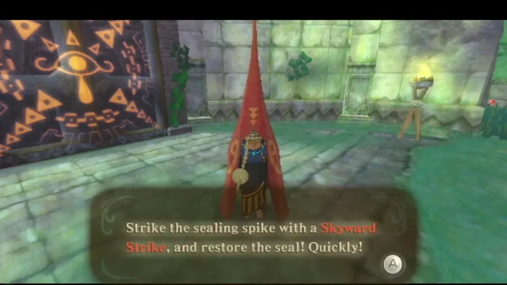 A sage in red robes tells Link to strike the sealing spike with a Skyward Strike to restore the seal.