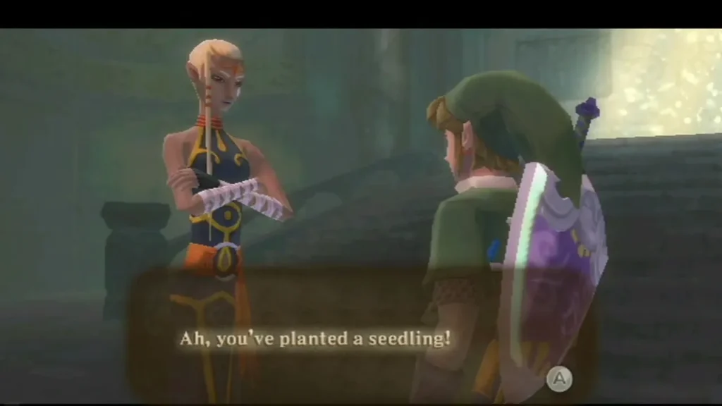 Link beside a woman in a blue and gold robe, the box reading "Ah, you've planted a seedling!"