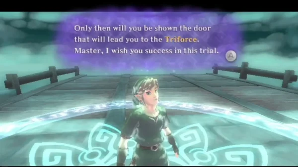 Link stands on a bridge in the Silent Realm as a box says the door to the Triforce waits beyond the trial.