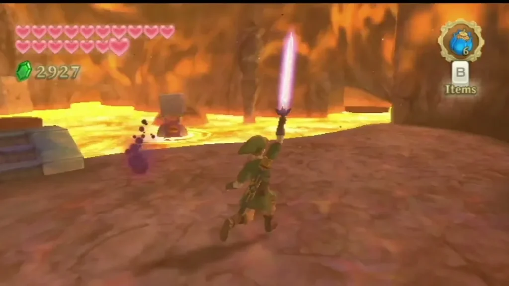 Link runs across a lava shore with his sword raised, its blade glowing purple.