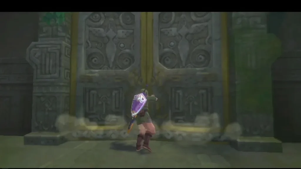 Link stands before the Sealed Temple doors as dust puffs rise at their base.