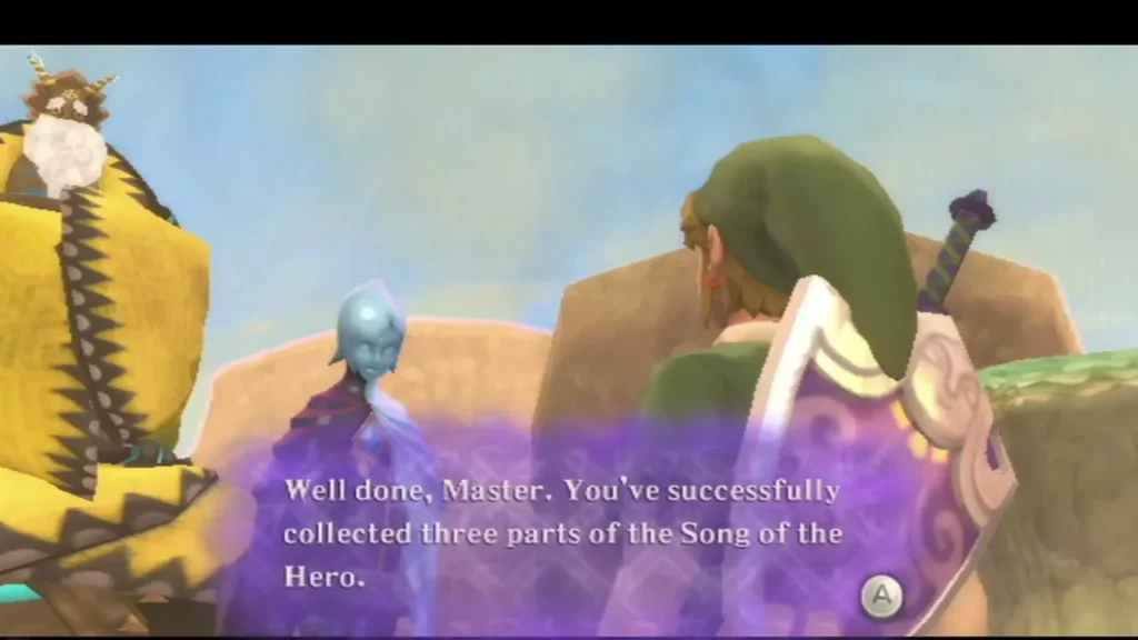 A blue spirit congratulates Link on collecting three verses of the Song of the Hero, with the Thunder Dragon nearby.