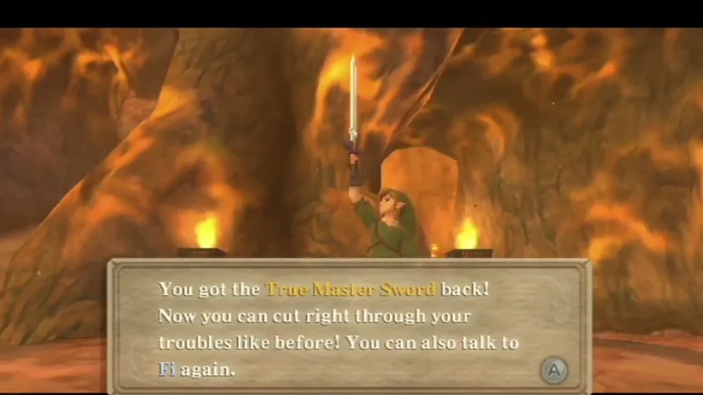 Link raises the True Master Sword over a lava cave, the box confirming it is his again.