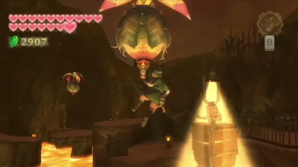 Link hangs from a Peahat above a wooden watchtower whose lantern throws a bright beam on the ground.