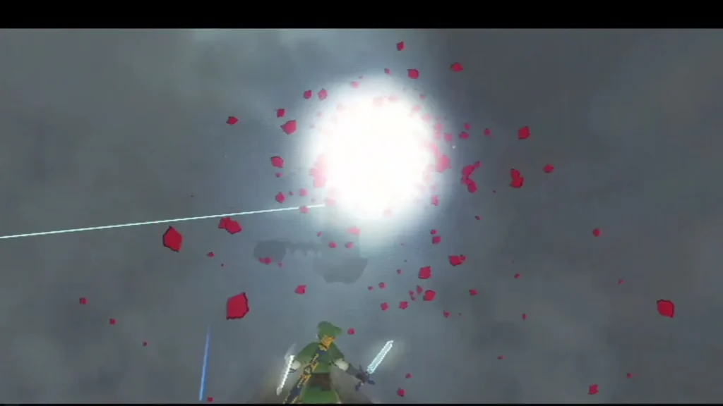 An arrow streaks at a tentacle, which bursts into red fragments in a flash of light beside Link. An arrow streaks at a tentacle, which bursts into red fragments in a flash of light beside Link.