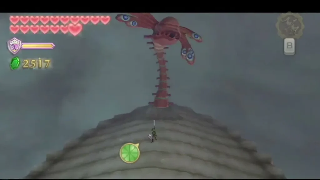 Link stands on a rocky peak in the Thunderhead, and the red Bilocyte parasite rises from its stalk nearby. Link stands on a rocky peak in the Thunderhead, and the red Bilocyte parasite rises from its stalk nearby.