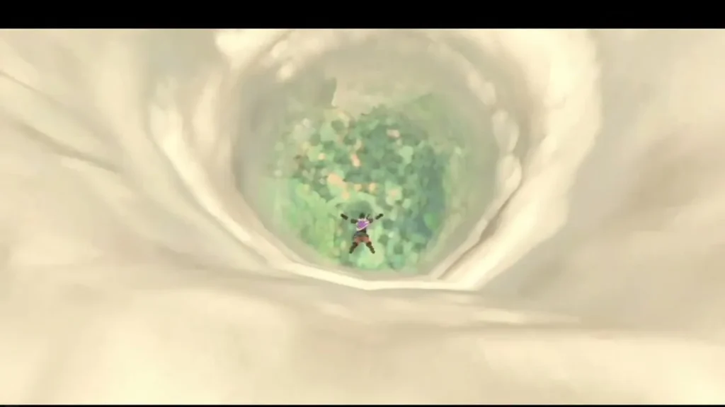 Link plunging down a cloud funnel toward a green canopy of the Sealed Grounds below Link plunging down a cloud funnel toward a green canopy of the Sealed Grounds below