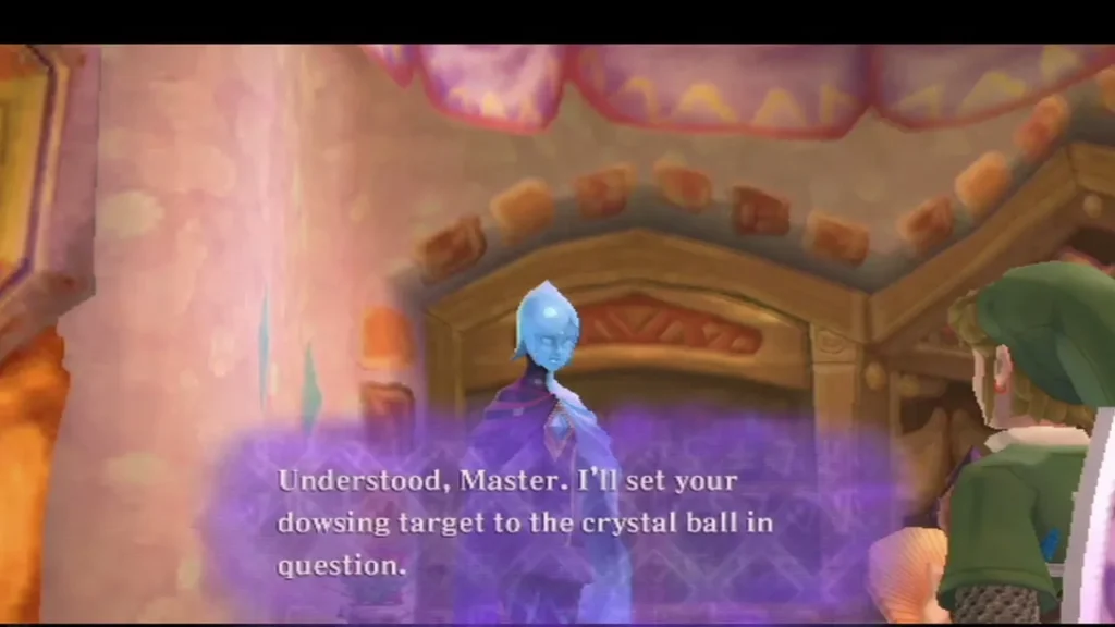Fi, the blue spirit, says she will set the dowsing target to the crystal ball in question. Fi, the blue spirit, says she will set the dowsing target to the crystal ball in question.