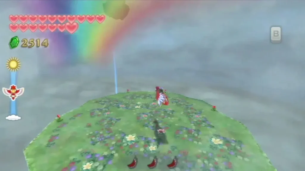 Link's Loftwing approaches a grassy island covered in red and pink flowers, deep inside the Thunderhead's grey mist. Link's Loftwing approaches a grassy island covered in red and pink flowers, deep inside the Thunderhead's grey mist.