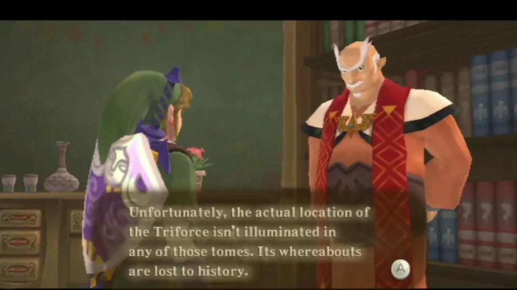 Gaepora explains that the Triforce's whereabouts are not in any of the tomes and are lost to history. Gaepora explains that the Triforce's whereabouts are not in any of the tomes and are lost to history.