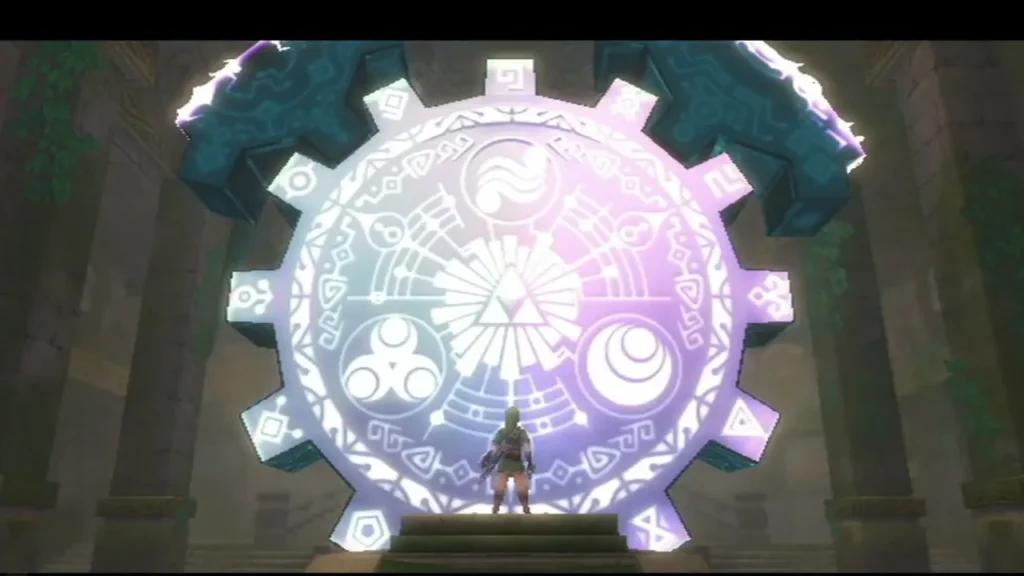 Link stands before the Gate of Time, its gear wheel glowing with the Hylia crest in the Sealed Temple. Link stands before the Gate of Time, its gear wheel glowing with the Hylia crest in the Sealed Temple.