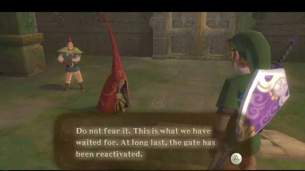 Link and a red-caped figure in the temple hall, with a message box saying the gate has been reactivated. Link and a red-caped figure in the temple hall, with a message box saying the gate has been reactivated.