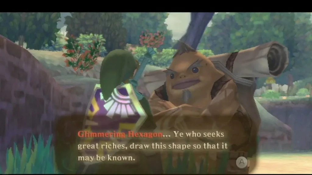 Gorko, the Goron with a cannon on his back, names the Glimmering Hexagon and asks for it to be drawn on the wall. Gorko, the Goron with a cannon on his back, names the Glimmering Hexagon and asks for it to be drawn on the wall.