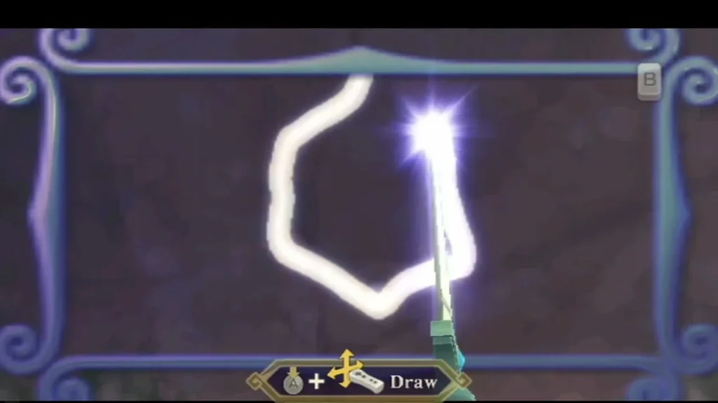 Link draws a hexagon on a blue-edged Goddess Wall, the sword glowing as the white line takes shape. Link draws a hexagon on a blue-edged Goddess Wall, the sword glowing as the white line takes shape.