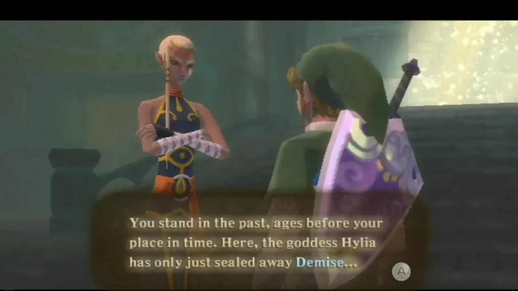 Impa speaks to Link in the sunlit Temple of Hylia, a message box saying he stands in the past, before his time. Impa speaks to Link in the sunlit Temple of Hylia, a message box saying he stands in the past, before his time.