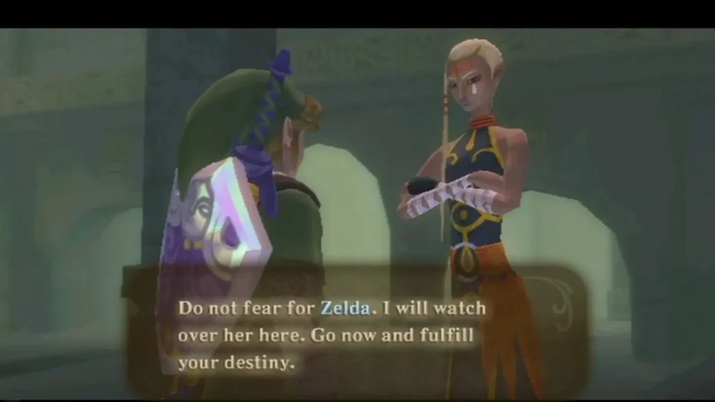Link stands with a woman in the temple hall as a message box says she will watch over Zelda here. Link stands with a woman in the temple hall as a message box says she will watch over Zelda here.