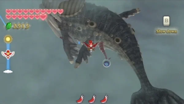 Link's Loftwing flies past Levias's enormous grey whale body, with tentacles and eyes sticking out from its side. Link's Loftwing flies past Levias's enormous grey whale body, with tentacles and eyes sticking out from its side.