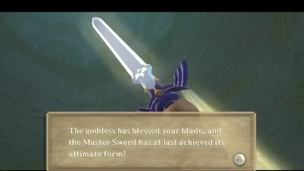 Link holds the Master Sword up in golden light, and a message box says the sword has reached its ultimate form. Link holds the Master Sword up in golden light, and a message box says the sword has reached its ultimate form.