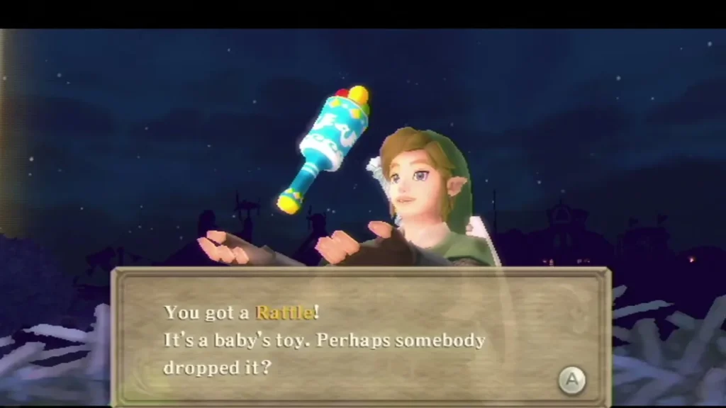 Link holds up a Rattle, a colourful baby's toy, under a message saying perhaps somebody dropped it. Link holds up a Rattle, a colourful baby's toy, under a message saying perhaps somebody dropped it.