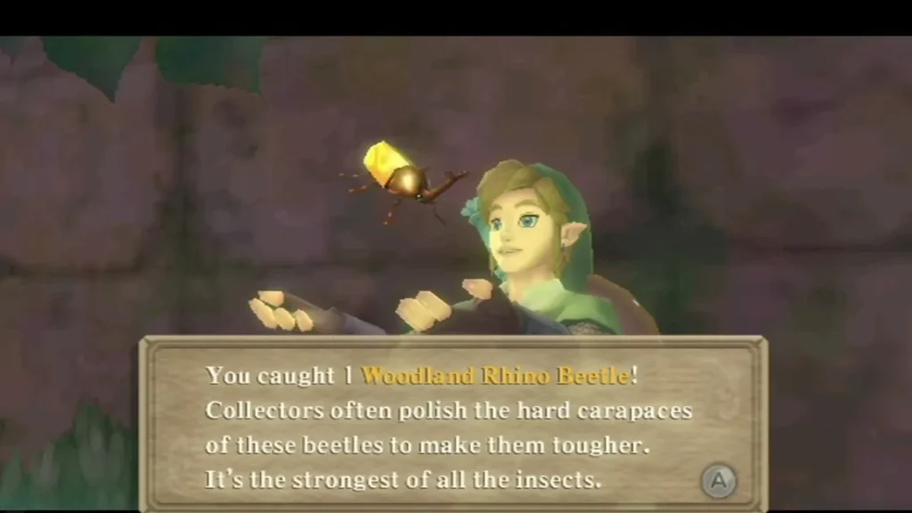 Link holds up a newly caught Woodland Rhino Beetle, with the message that its carapace makes it the strongest insect. Link holds up a newly caught Woodland Rhino Beetle, with the message that its carapace makes it the strongest insect.