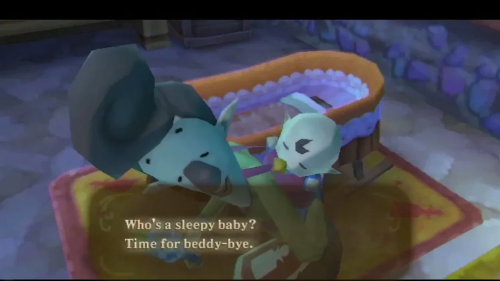 Man in a grey hat shakes a rattle over the baby's cot, and the box reads: Who's a sleepy baby? Time for beddy-bye. Man in a grey hat shakes a rattle over the baby's cot, and the box reads: Who's a sleepy baby? Time for beddy-bye.