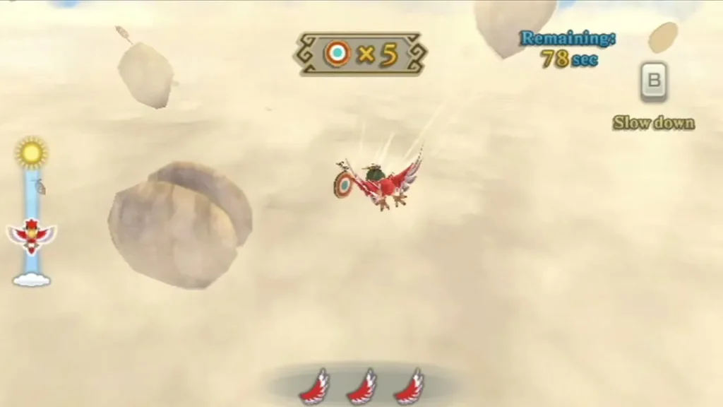 Link rides his Loftwing through Owlan's target test, the counter at five with 78 seconds left Link rides his Loftwing through Owlan's target test, the counter at five with 78 seconds left
