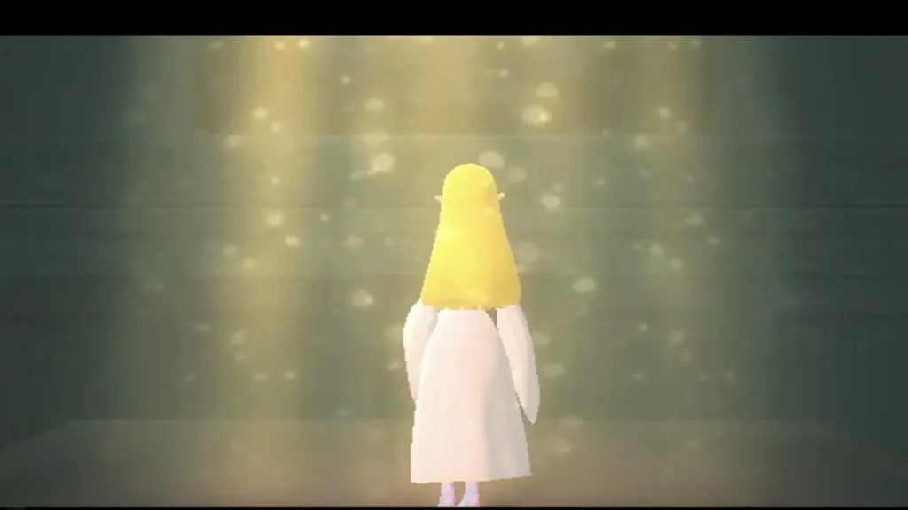 Zelda, in a long white gown, stands inside a column of golden light in a temple chamber. Zelda, in a long white gown, stands inside a column of golden light in a temple chamber.