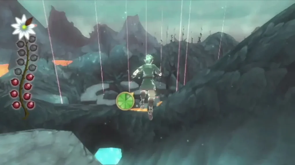 Pink beacons mark the remaining tears across the lava rocks of the realm as Link leaps ahead Pink beacons mark the remaining tears across the lava rocks of the realm as Link leaps ahead