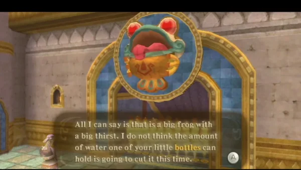 A frog emblem on a hall wall, with a caption saying the big frog's thirst is more than one bottle can hold. A frog emblem on a hall wall, with a caption saying the big frog's thirst is more than one bottle can hold.
