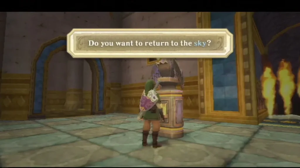 Link stands beside the bird statue, with a prompt asking whether to return to the sky. Link stands beside the bird statue, with a prompt asking whether to return to the sky.