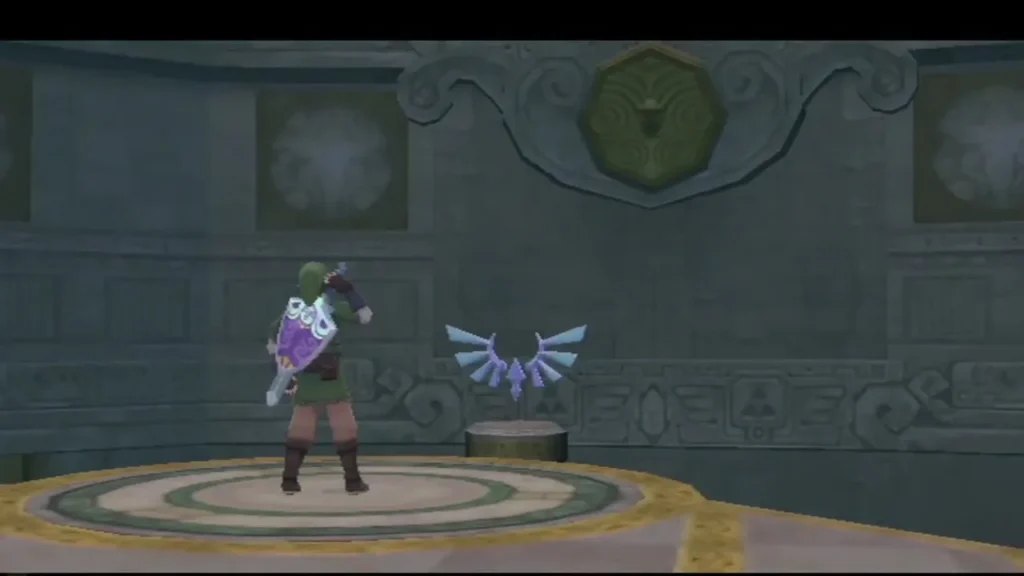 Link stands on the circle beneath the winged crest, sword raised to strike it Link stands on the circle beneath the winged crest, sword raised to strike it