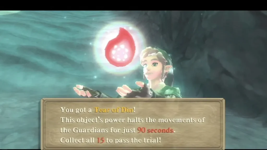 Link holds up a Tear of Din, and its box says the tear halts the Guardians for 90 seconds and asks for all 15. Link holds up a Tear of Din, and its box says the tear halts the Guardians for 90 seconds and asks for all 15.