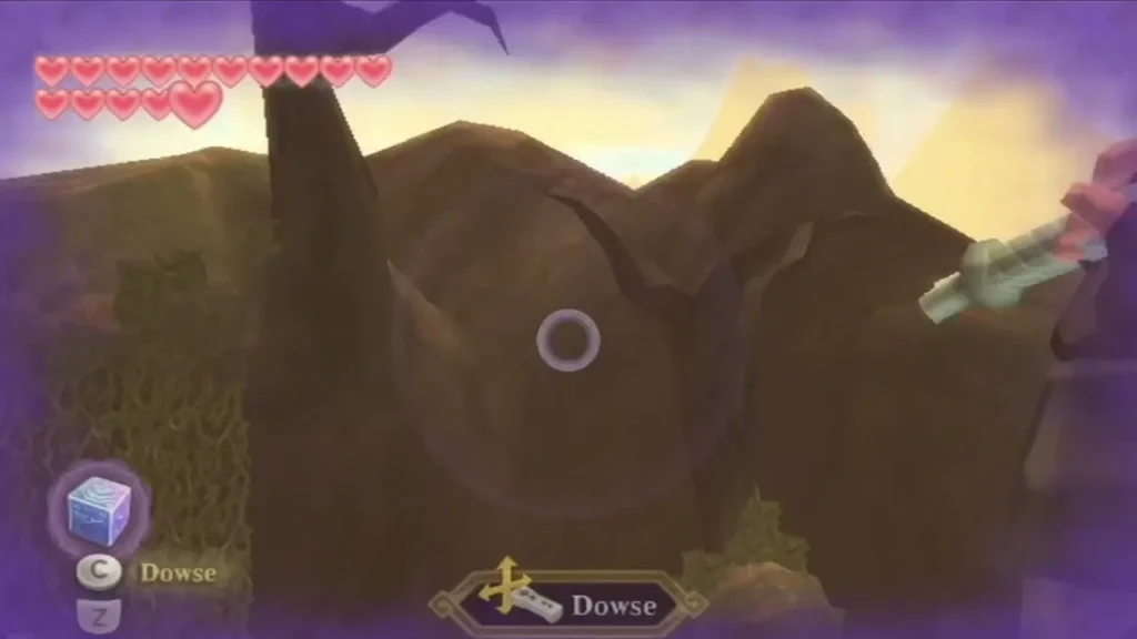 Dowse prompt on screen with the Goddess Cube icon selected, a purple dowse ring over a rocky canyon Dowse prompt on screen with the Goddess Cube icon selected, a purple dowse ring over a rocky canyon