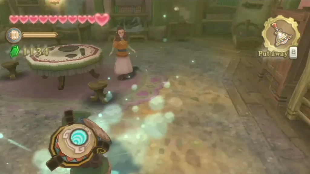 Link uses the Gust Bellows on a dusty floor, sending a cloud of dust swirling across the room. Link uses the Gust Bellows on a dusty floor, sending a cloud of dust swirling across the room.