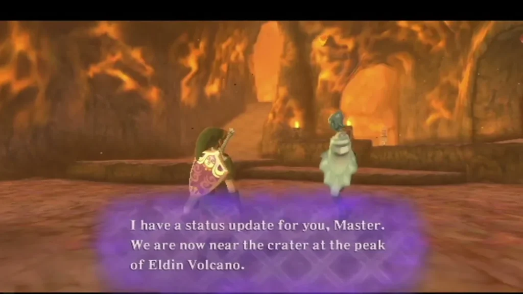 Fi tells Link they are now near the crater at the peak of Eldin Volcano, with lava walls around them. Fi tells Link they are now near the crater at the peak of Eldin Volcano, with lava walls around them.
