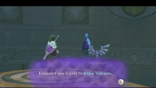 Fi suggests traveling to Eldin Volcano, with the Isle of Songs tower behind Link Fi suggests traveling to Eldin Volcano, with the Isle of Songs tower behind Link