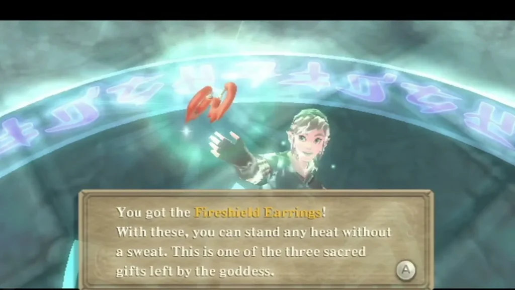 Link holds up the Fireshield Earrings, and the box calls them one of the three sacred gifts. Link holds up the Fireshield Earrings, and the box calls them one of the three sacred gifts.
