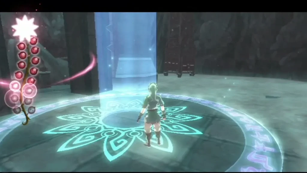 Link stands on the glowing circle in the gate plaza, with a blue light column rising above him. Link stands on the glowing circle in the gate plaza, with a blue light column rising above him.
