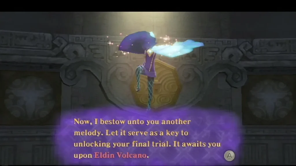 The goddess sings Link another melody and says it unlocks a trial waiting in Eldin Volcano. The goddess sings Link another melody and says it unlocks a trial waiting in Eldin Volcano.