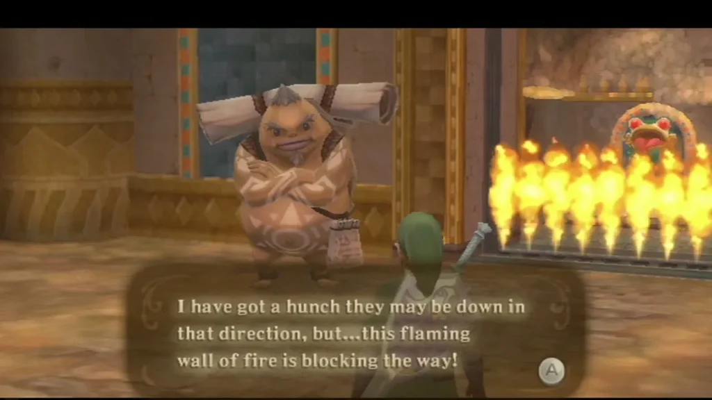 A Goron stands with folded arms before a wall of fire that blocks the way, with a frog statue behind. A Goron stands with folded arms before a wall of fire that blocks the way, with a frog statue behind.
