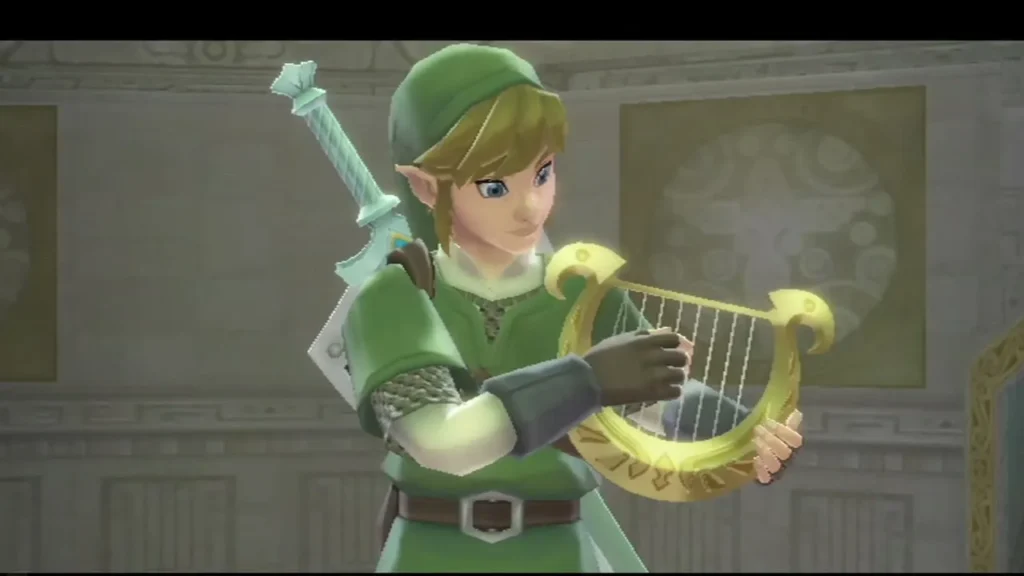 Link plays the Goddess's Harp to learn the new melody, Din's Power Link plays the Goddess's Harp to learn the new melody, Din's Power