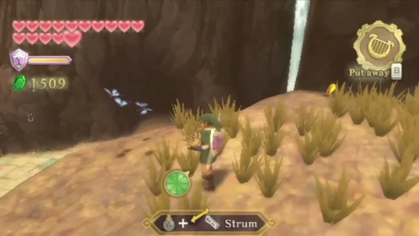 Link strums the harp on a grassy path while blue butterflies flutter near the cliff Link strums the harp on a grassy path while blue butterflies flutter near the cliff